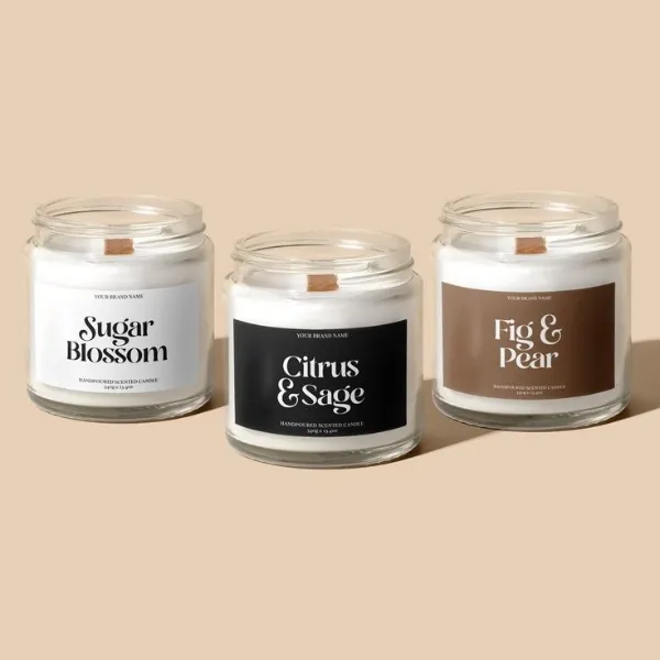 Custom luxury candle labels on elegant candles | Tim Packaging